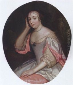 A Portrait Of A Lady, Wearing A Pink And White Satin Dress And Pearl Jewellery, In A Park Setting by Caspar Netscher