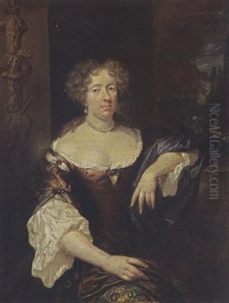 A Portrait Of A Lady Wearing A Red Dress With Blue Sleeves And A Gilt-embroidered Underskirt, A White Chemise, Pearl Jewellery, A Blue Shawl Draped On Her Left Arm, In A Park Setting - view 1
