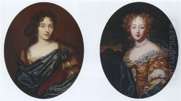 Portrait Of A Lady In A Yellow Silk Dress With A White Lace Chemise, A Blue Wrap, A Pearl Necklace And Pearl Earrings, A Landscape Beyond - view 1