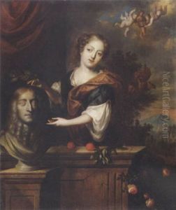 Junge Frau Mit Skulptur, Im Hintergrund Eine Landschaft by Caspar Netscher