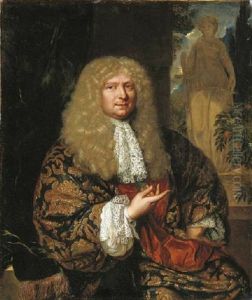 Portrait Of A Gentleman In A Japonsche Rock And A Cravat, In A Garden, Before A Statue Of Justice