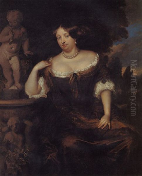 Portrait Of A Lady (princess Of Orange?) Wearing A Brown Silk Dress, With White Trim And Jewelled Brooches, A Landscape Beyond - view 1