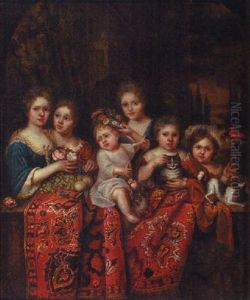 Group Portrait Of Six Children Behind A Draped Balcony, A Landscape Beyond Group Portrait Of Six Children Behind A Draped Balcony, A Landscape Beyond