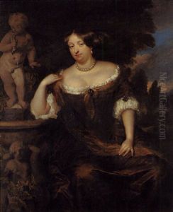 Portrait Of A Lady (a Princess Of Orange?) Wearing A Brown Silk Dress With White Trim And Jewelled Brooches by Caspar Netscher