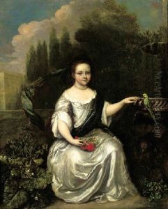 Portrait Of A Young Girl, Seated By A Fountain In A Garden, Wearing A White Silk Dress With Blue Wrap And Pearls