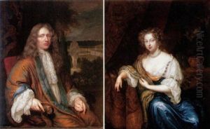 Portrait Of A Gentleman Wearing An Ochre, Blue Lined Cloak, With A View Of Formal Gardens Beyond