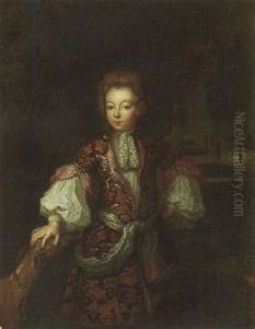 Portrait Of A Boy In An Ornamental Garden With His Dog