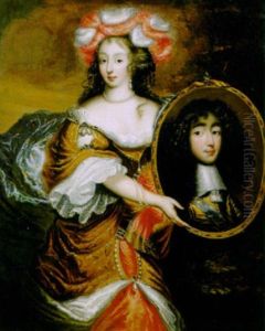 Portrait Of Princess Henrietta Anna Stuart Of England In A Red And Orange Dress, Holding A Portrait Of Philippe D'anjou, Duke Of Orleans by Caspar Netscher