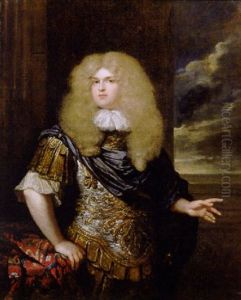 Portrait Of A Naval Officer On A Terrace By A Table, Wearing A Classical Style Armour, With A Blue Cloak, Lace Shirt And A Wig