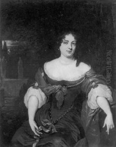 Portrait Of A Lady Wearing A Brown Silk Dress, Pearl Jewellery, Holding A Ribbon In Her Right Hand by Caspar Netscher