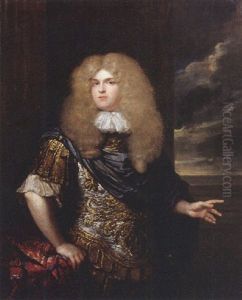 Portrait Of A Naval Officer Standing On Terrace By A Table, Wearing A Classical Style Armour, With A Blue Cloak, Lace Shirt And A Wig