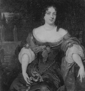Portrait Of A Lady Wearing A Brown Silk Dress, Pearl Jewelry, Holding A Ribbon In Her Right Hand by Caspar Netscher