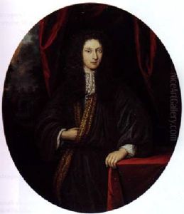 Portrait Of A Young Man Wearing A Gold-trimmed Purple Robe With A White Chabot, A Red Curtain And Garden View Behind