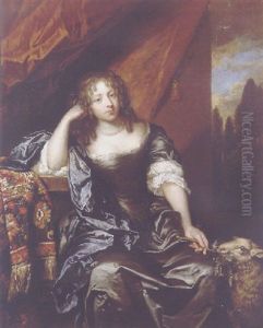 Portrait Of A Lady Seated On A Draped Balcony, Wearing Silk Dress With Lace Chemise, Blue Wrap And Pearl Necklace, Holding A Branch