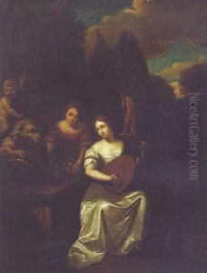A Lady Kneeling Before A Statue Of Venus by Caspar Netscher