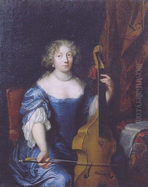 Portrait Of A Lady In A Blue Silk Dress And Pearls, Seated In An Interior, Playing A Violin - view 1