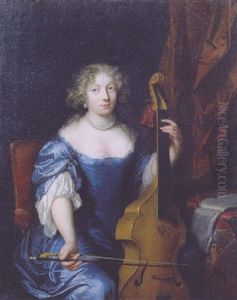 Portrait Of A Lady In A Blue Silk Dress And Pearls, Seated In An Interior, Playing A Violin