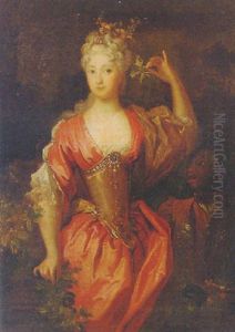Portrait Of A Lady In A Red Dress With Flowers In Her Hair, A Black Page At Her Side by Caspar Netscher