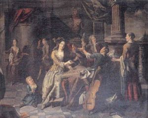 Musicerende Festklaedte Personer Pa En Terrasse by Caspar Netscher