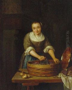 A Woman Preparing Vegetables In An Interior by Caspar Netscher