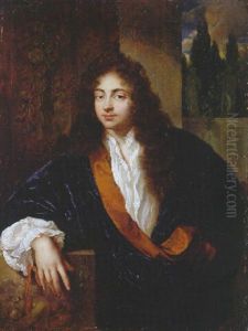 Portrait Of A Gentleman, Standing On A Balcony, His Right Arm Leaning On A Sculpted Pedestal, A Classical Garden Beyond
