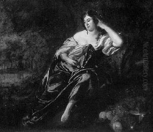 Maiden Reflecting With Fruit At Feet And A Landscape Clearing Beyond