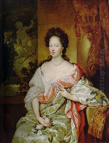 Portrait Of A Lady Before A Fountain, Holding A Posy Of Roses In Her Lap - view 1