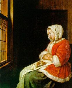 A Lady Asleep By A Window With A Dog On Her Lap