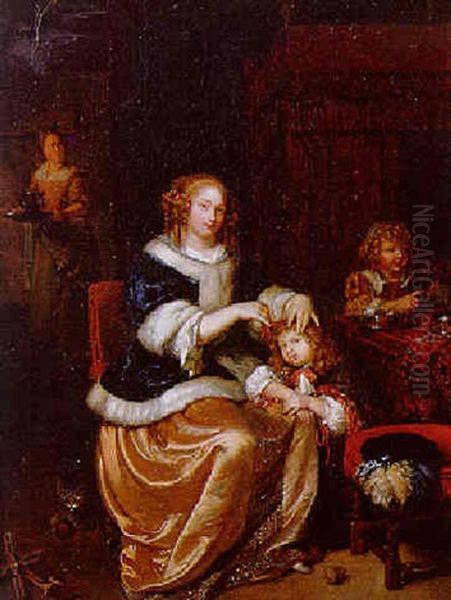 An Elegant Lady Grooming Her Child In An Interior - view 1
