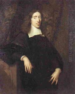 Portrait Of Johan De Witt Wearing Black Robes And White Collar Standing Beside A Plinth Before A Curtain