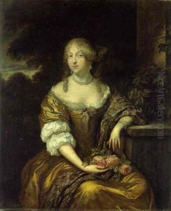 Portrait Of A Lady, Seated Before A Landscape, Holding A Spray Of Roses by Caspar Netscher