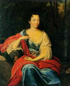 Portrat Einer Dame In Einer Parklandschaft by Caspar Netscher