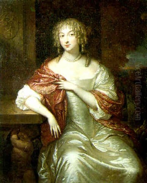 Portrait Of A Lady Seated Beside A Carved Stone Plinth - view 1