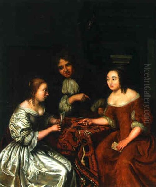 A Gentleman Conversing With Two Ladies At A Table In An Interior - view 1
