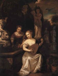 A Lady Playing Lute By A Fountain With A Maid Holding A Basket