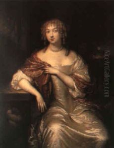 Portrait Of A Seated Lady In White Satin Dress by Caspar Netscher