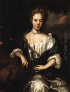 Portrait Of A Lady In A White Dress And Blue Shawl