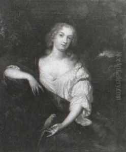 Portrait Of A Lady Wearing A White Chemise, Holding A Parrot by Caspar Netscher