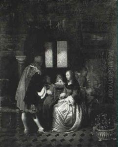 Elegant Company In An Interior by Caspar Netscher