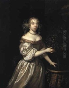 Portrait Of A Young Lady In An Ivory Silk Gown Beside Orange Tree