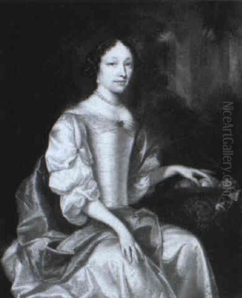 Portrait Of A Lady In White Silk Dress And Red Shawl - view 1