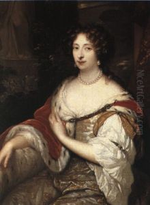 Portrait Of A Lady, Three Quarter Length In A Brocade Gown by Caspar Netscher