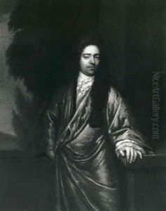 Portrait Of A Gentleman, Small Three-quarter Length In A Gold Gown With A Lace Jabot, By A Plynth by Caspar Netscher