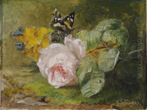 Roses Andbutterflies On A Woodland Floor by Franz Xaver Birkinger