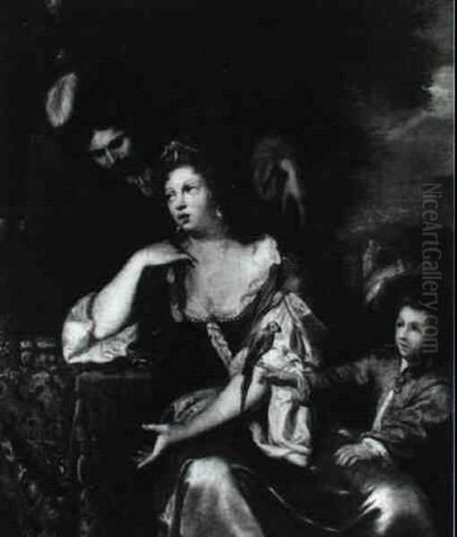 A Lady Seated In A Blue Bodice With A Gentleman And A Boy With A Parakeet - view 1