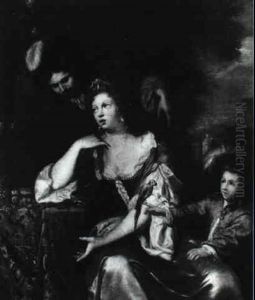 A Lady Seated In A Blue Bodice With A Gentleman And A Boy With A Parakeet