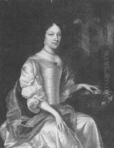 Portrait Of A Lady, Three Quarter Length Wearing A White Dress Beside A Bowl Of Fruit by Caspar Netscher