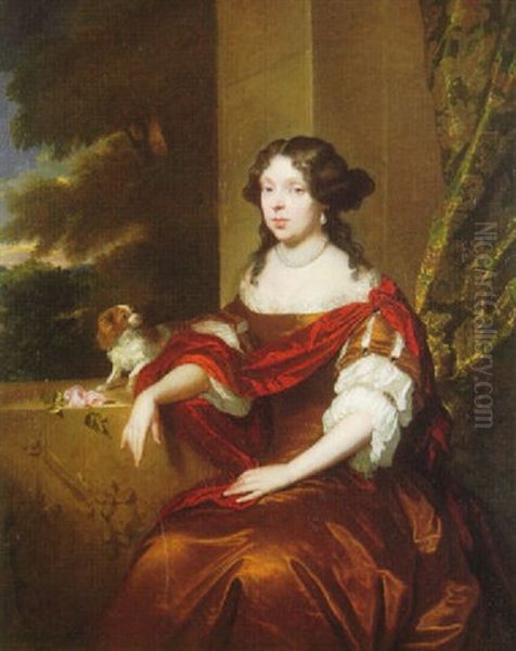 Portrait Of A Lady With Her Pet Spaniel Standing Beside Her On A Stone Window Ledge - view 1