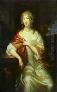 Portrait Of A Lady, Seated Small Three-quarter Length In A White Satin Dress With A Crimson Brocade Wrap by Caspar Netscher