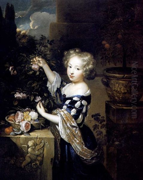 Portrait Of A Girl, Small Three-quarter Length, Wearing A Blue Dress With Slashed Sleeves And A Embroidered Wrap, Pick - view 1